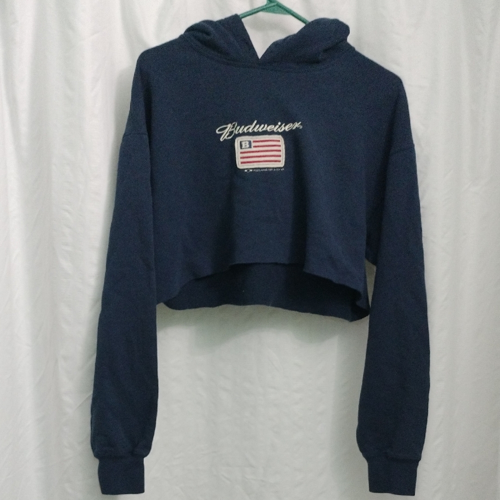 Budweiser Navy Cropped Hoodie Sweatshirt with Flag Patch